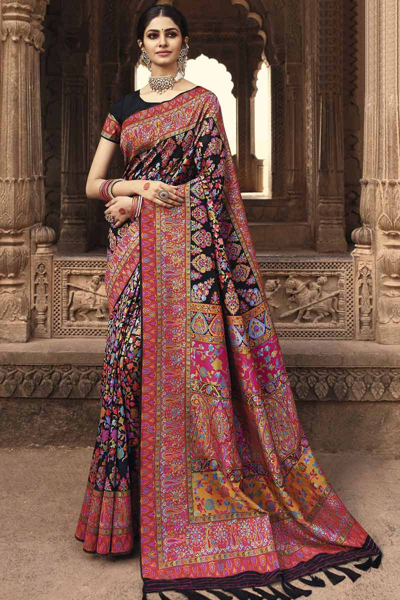 Exclusive Collection Black Banarasi Silk Printed Saree|SARV114693