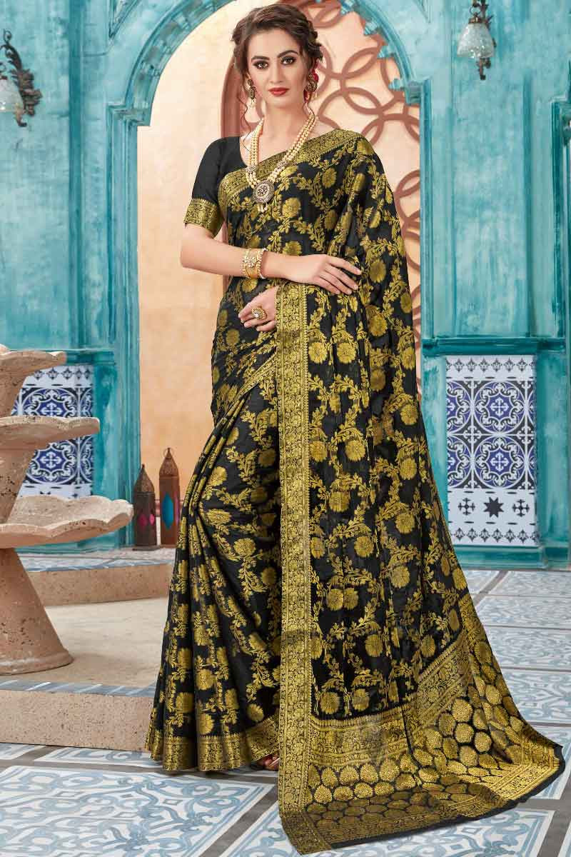 Buy Black Banarasi Silk Saree With Silk Blouse Online Sarv01590