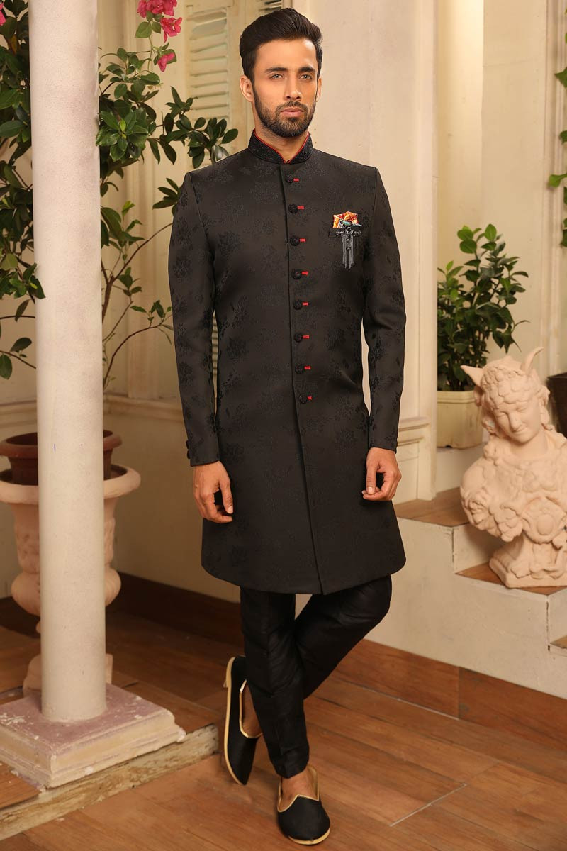 PLEATES SHERWANI WITH STOLL  Curato