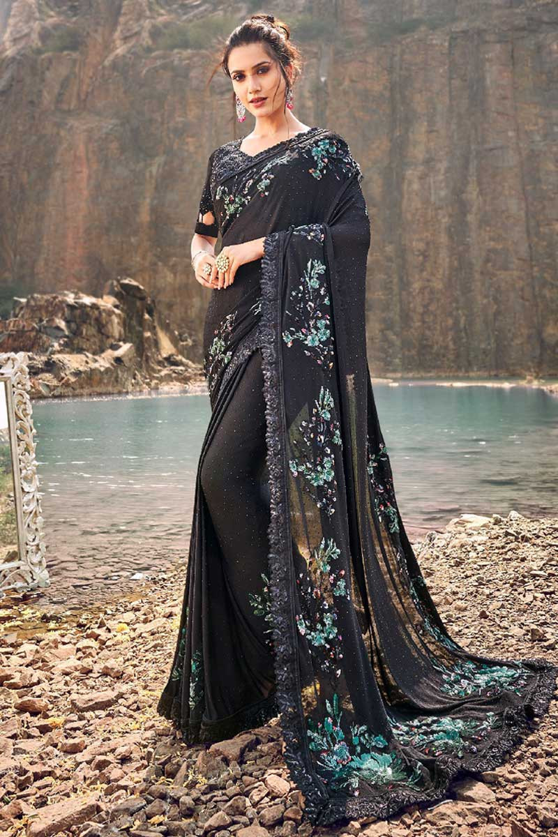 Black Crepe Bollywood Fashion Saree Party Wear Indian Pakistani Sari 