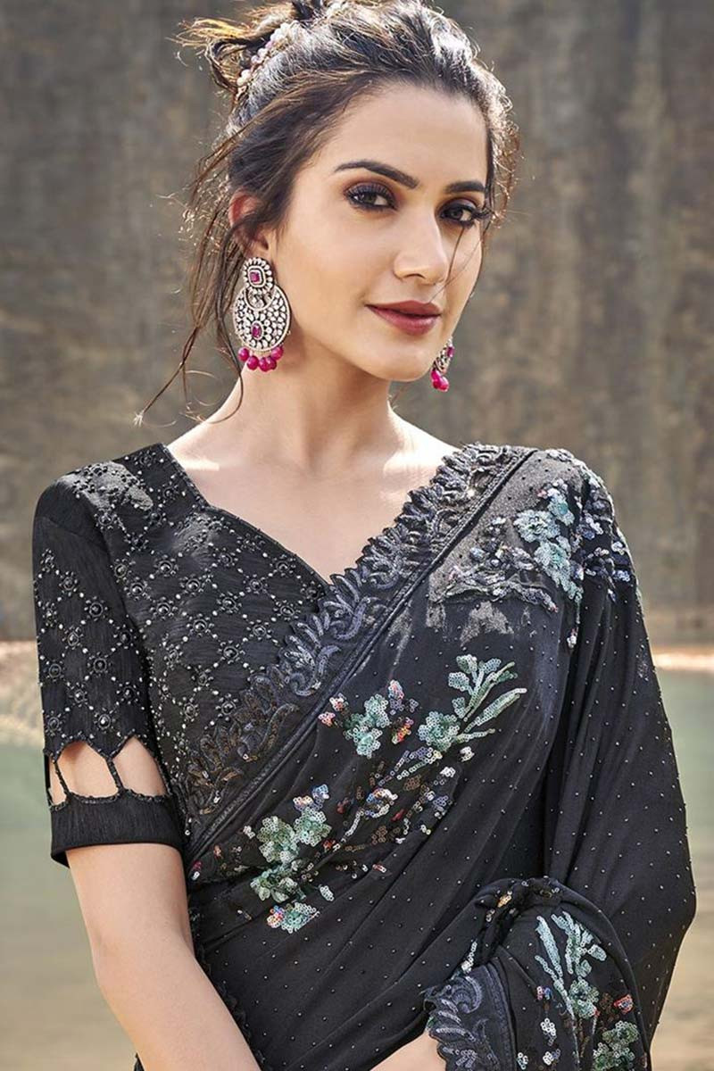 Buy Black Embroidered Crepe Saree With Silk Blouse Online - SARV02844 ...