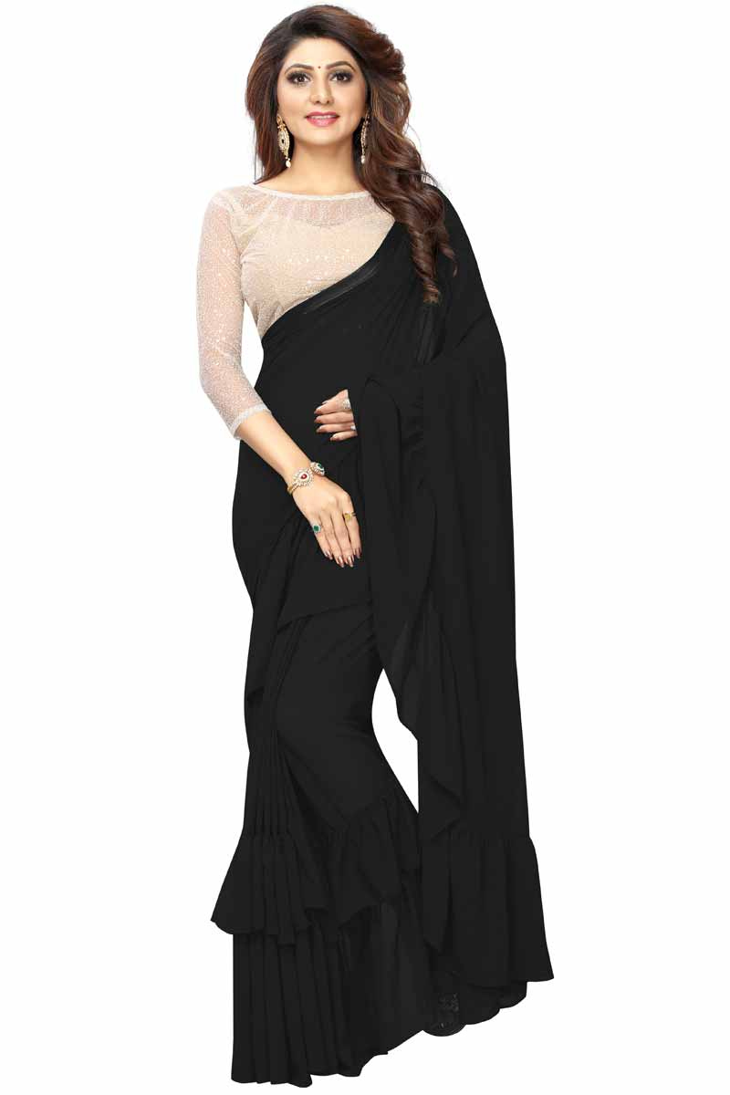 Buy Black Faux Georgette Saree With Net Blouse Online Sarv01363 Andaaz Fashion For matching blue saree wear black and grey colour has good choice. black faux georgette saree with net blouse