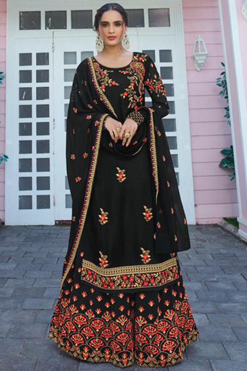 Buy Traditional Wear Georgette Black Sharara Suit LSTV07581