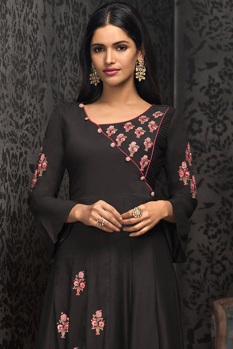 Buy Black Muslin Anarkali Gown With Resham Work Online - LSTV05562 ...