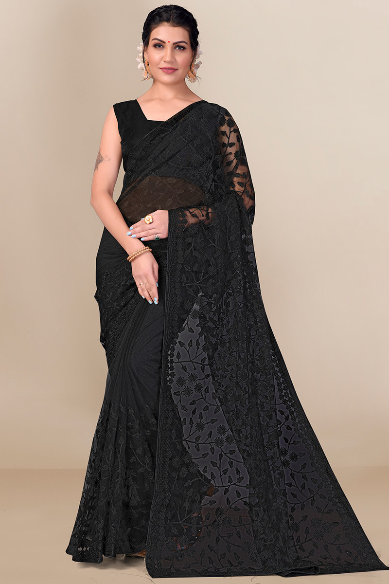 Women's Fashion Black Net Embroidered Saree|SARV129342