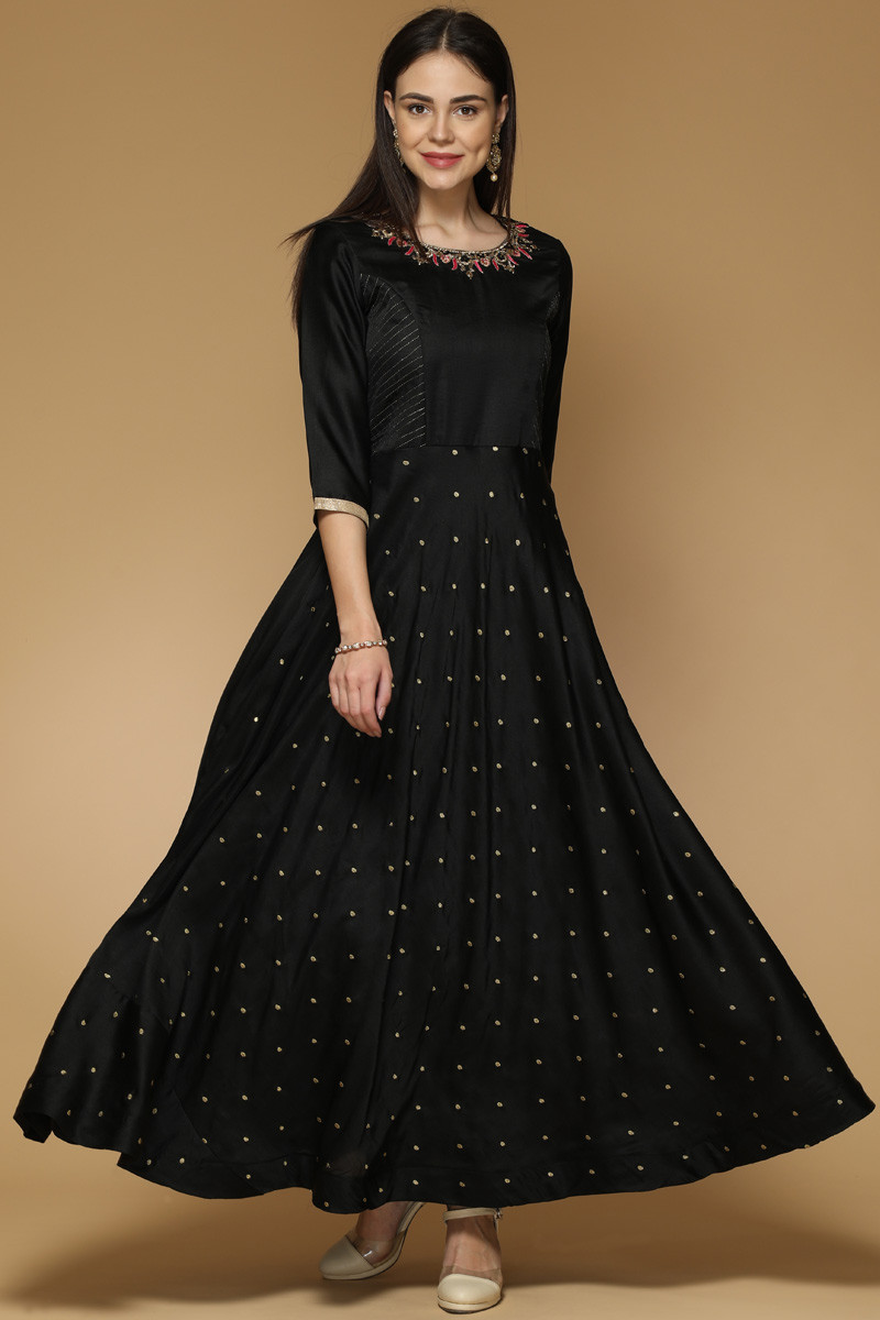 Buy Black Silk Anarkali Suit With Resham Work Online - 2024 | Andaaz ...