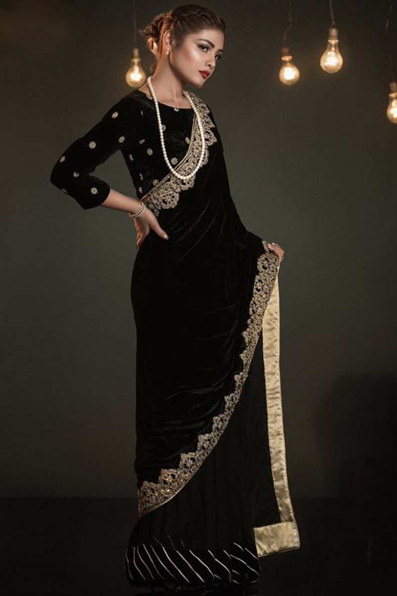Details 89+ black velvet saree blouse latest