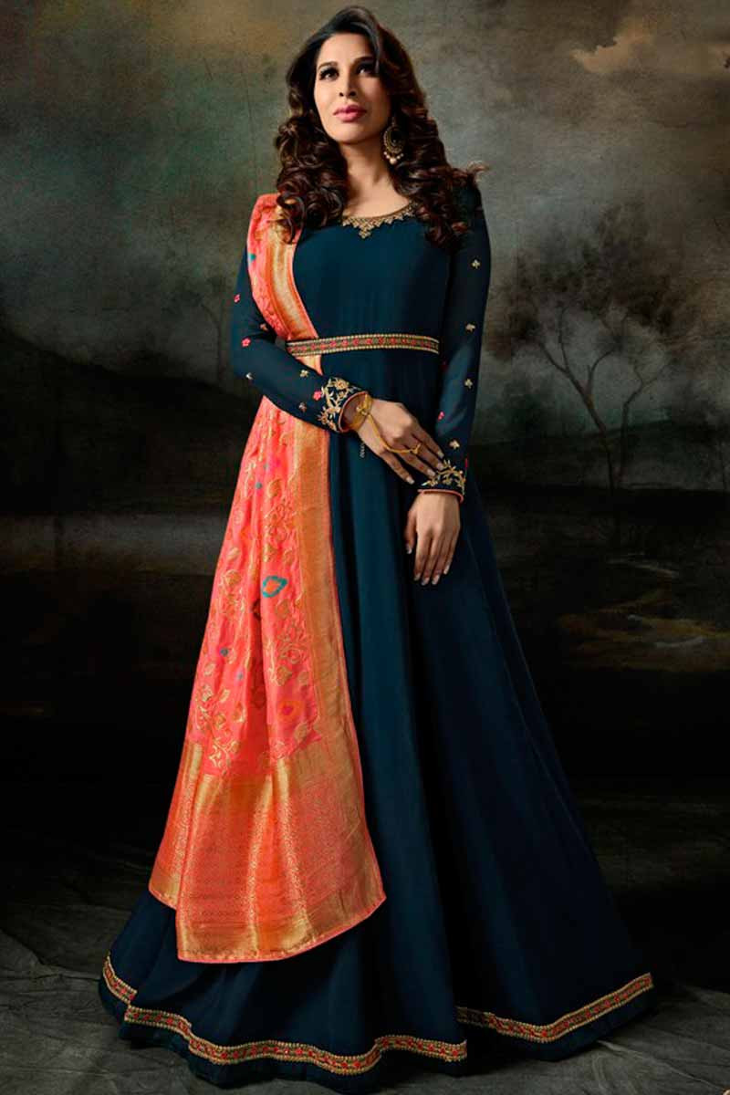 blue and orange anarkali