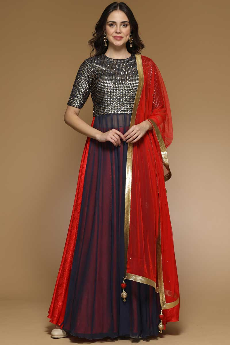 blue and red lehenga choli