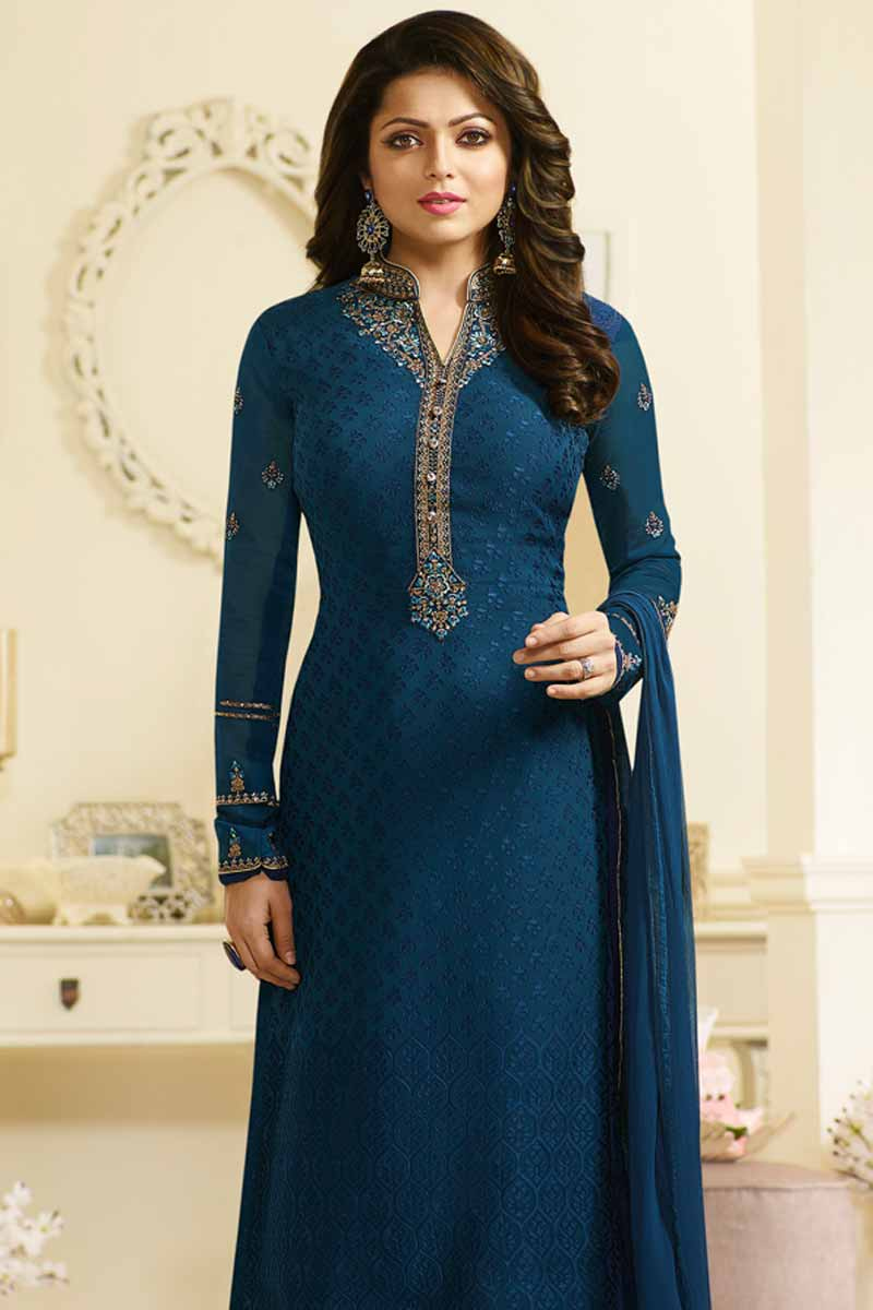 Buy Silk Churidar Suit In Blue Color 