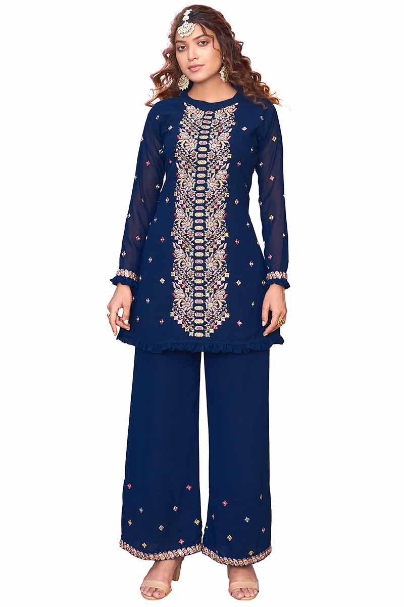 Elegant Resham Work Embroidered Blue Trouser Suit LSTV113701