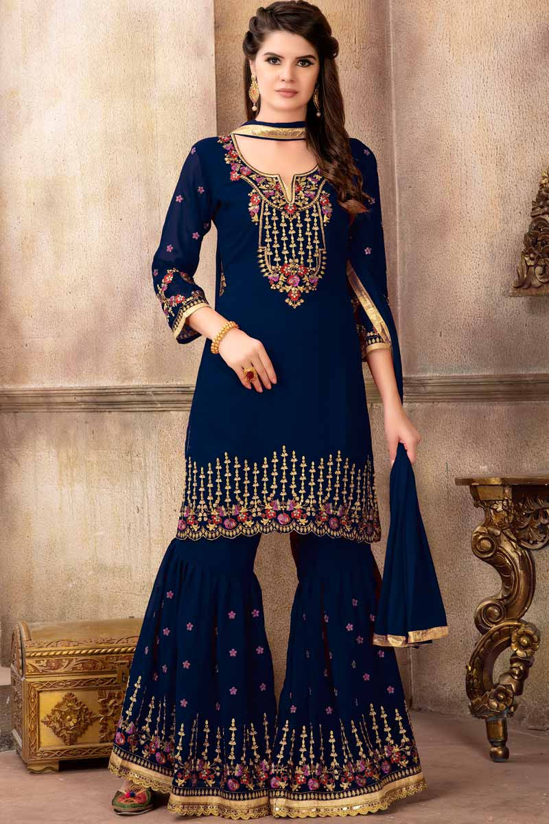 Buy Resham Embroidered Faux Georgette Blue Sharara Pant Suit Online ...