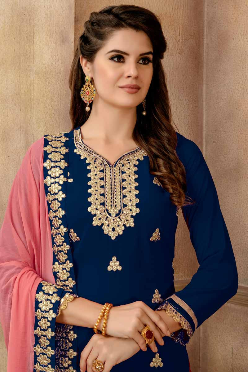 Buy Resham Embroidered Georgette Blue Sharara Suit Online - lstv01049 ...