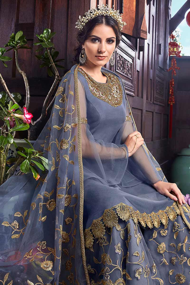 Buy Bluish Grey Net Sharara Suit With Stone Work Online - LSTV03633 ...