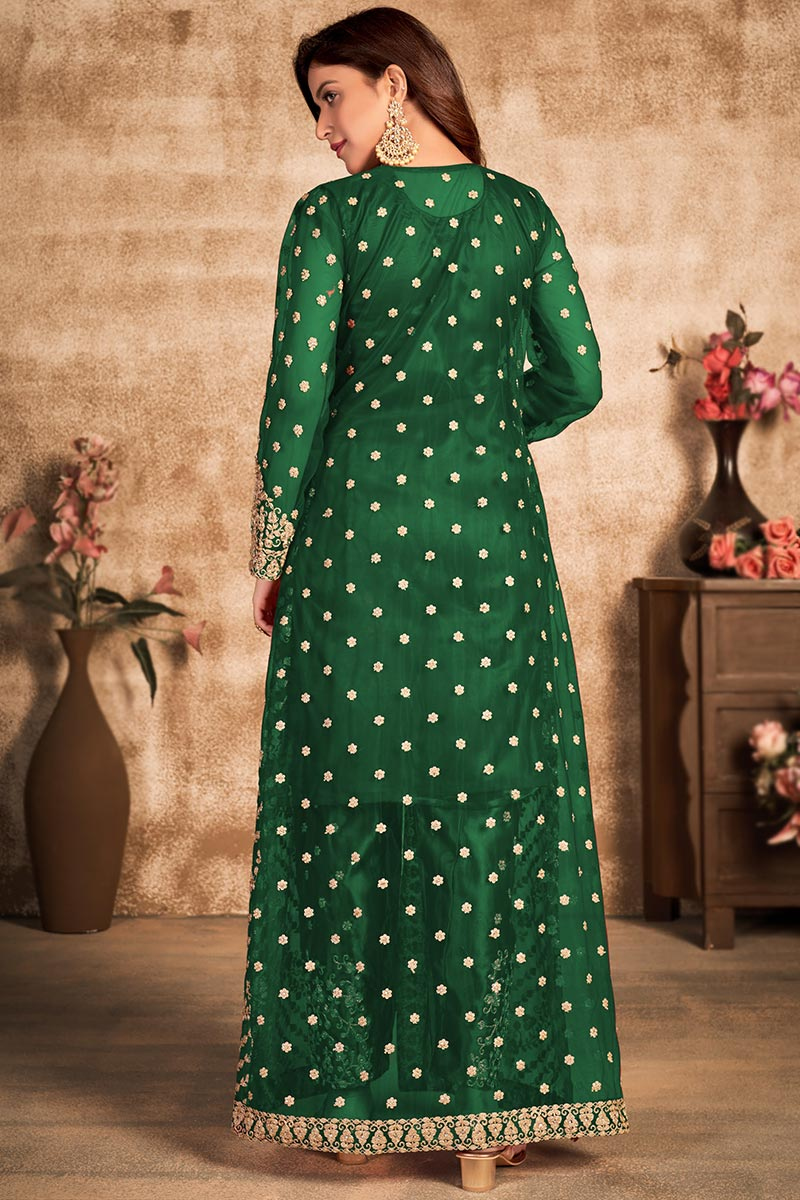 Beautiful Bottle Green Net Jacket Style Eid Trouser Suit LSTV114580