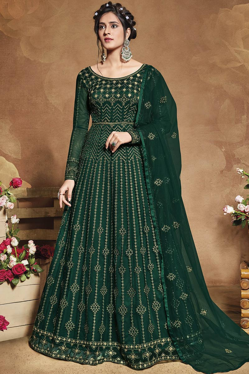 Bottle Green Anarkali Suit With Zari Work LSTV09444