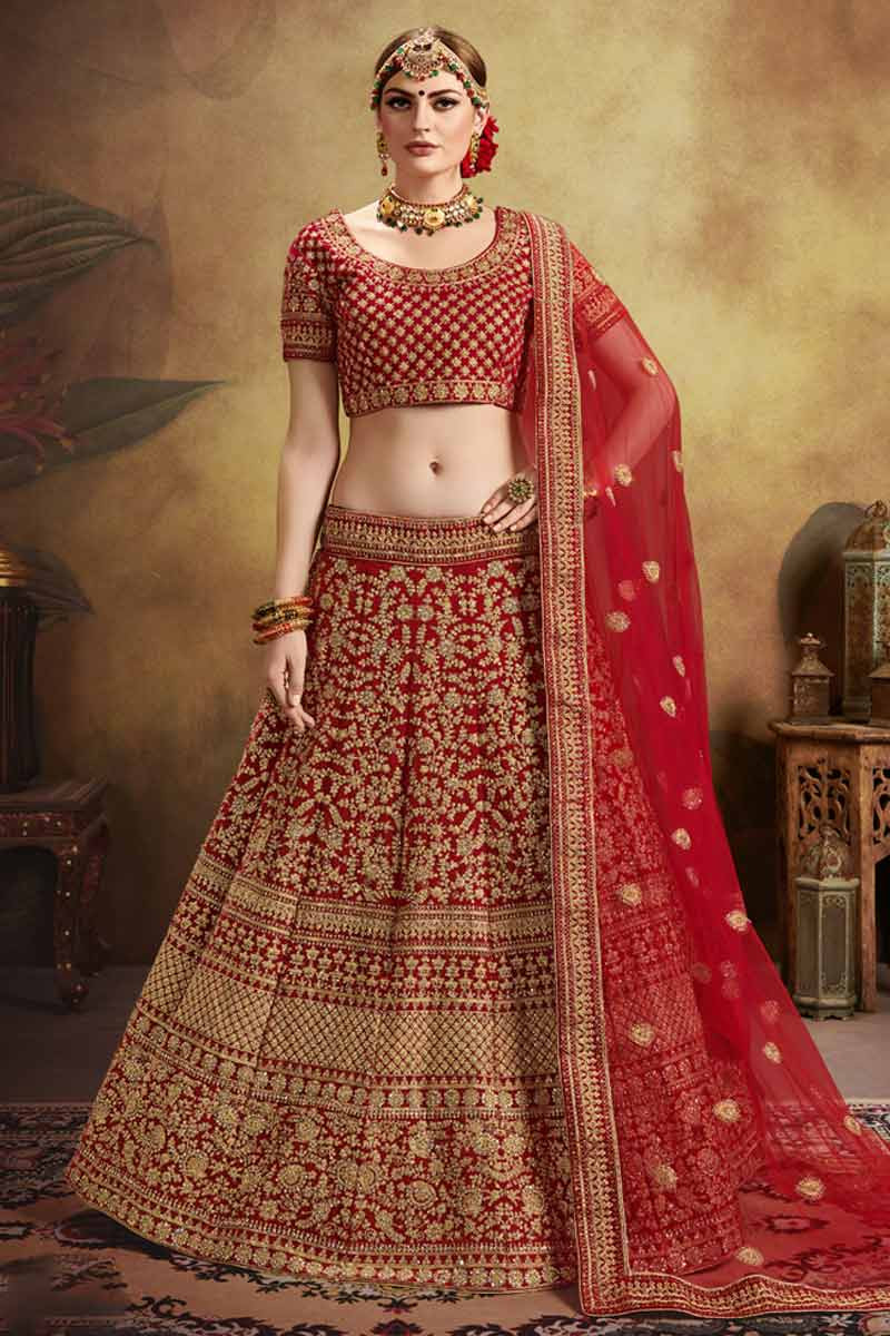 Bridal Velvet Lehenga Choli In Deep Red Colour