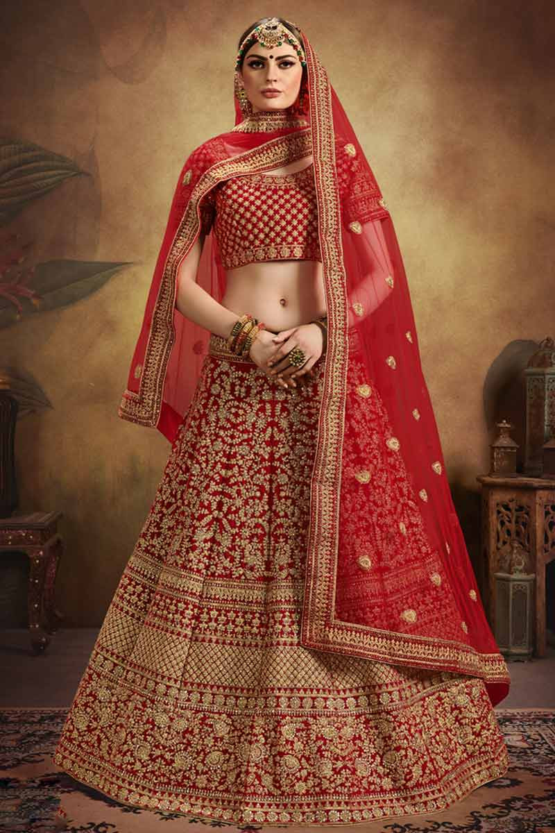 Bridal Velvet Lehenga Choli In Deep Red Colour