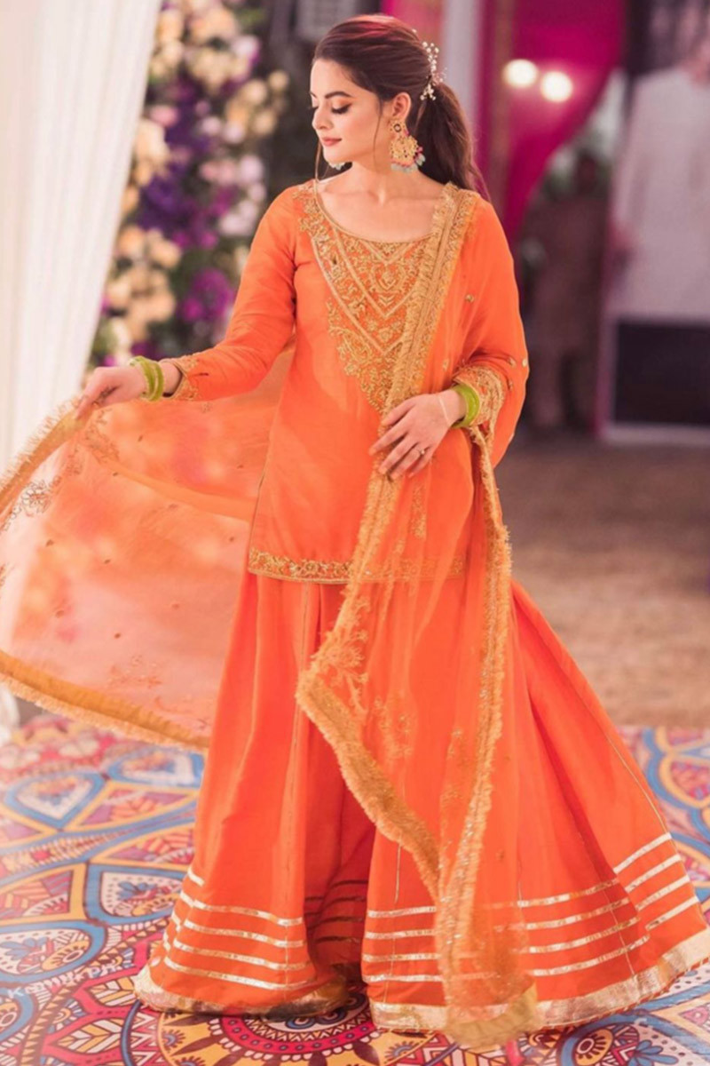 Designer Fashions Carrot Orange Sharara Suit with Zari LSTV113409
