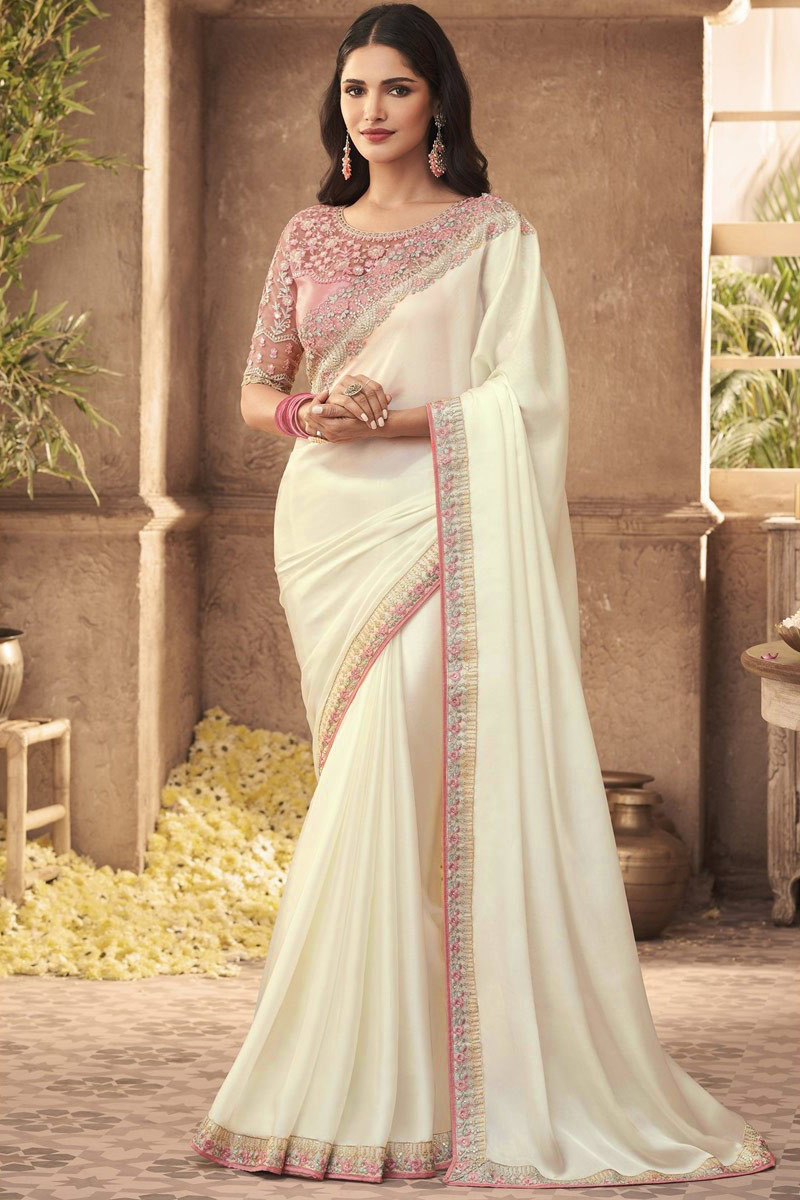Plus Size Dresses Cream Silk Plain Saree for Eid |SARV127537