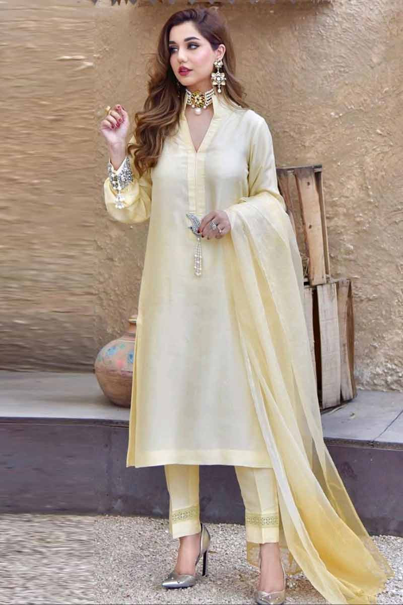 Yellow Readymade Chanderi Straight Cut Pant Salwar Suit 3408SL13