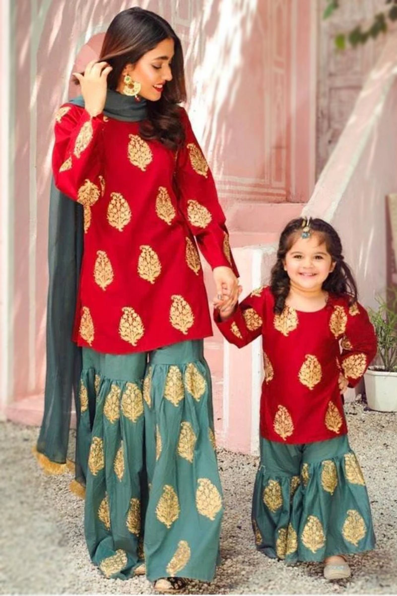 Cherry Red Silk Embroidered Mother Daughter Duo Sharara Suit ...
