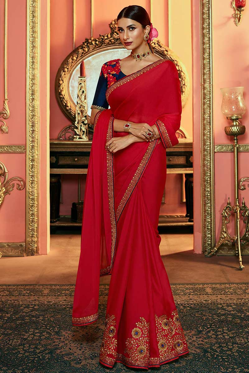 cherry red wedding saree