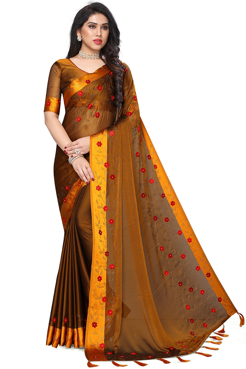 Buy Chiffon Silk Saree In Mustard Brown Color Online Sarv04956 Andaaz Fashion