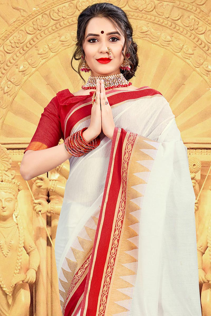 Buy Chiffon Traditional Bengali Saree In White Colour Online ...