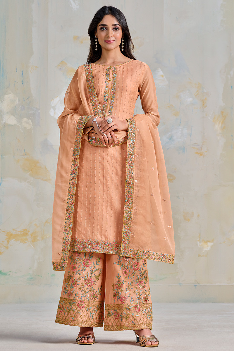 Buy Festival Wear Coral Peach Organza Embroidered Palazzo Suit