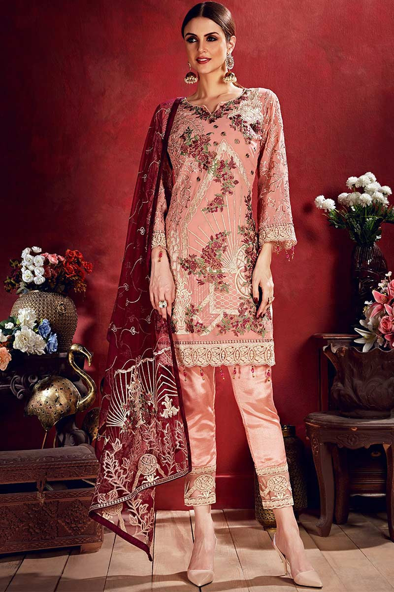 Buy Kaftan Beige Chanderi With Contrast Cigarette Pants In Pink Satin Silk  by SHORSHE at Ogaan Online Shopping Site