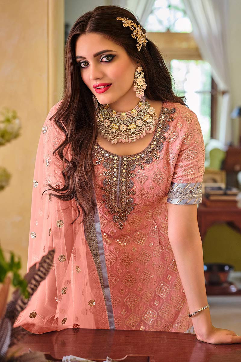Buy Traditional Wears Georgette Coral Pink Eid Sharara Suit LSTV115410