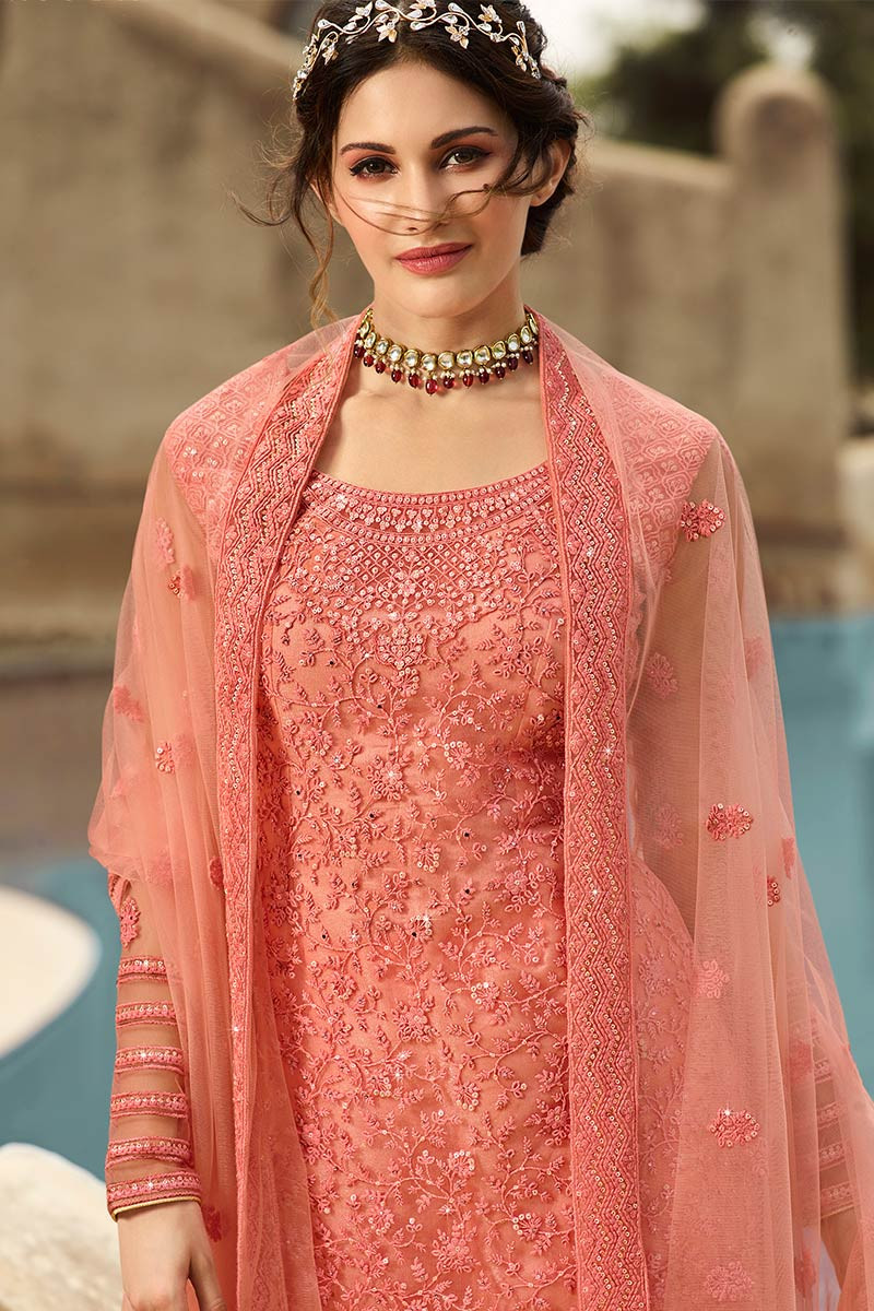 Buy Indian Prom Suits Net Coral Pink Sharara Suit LSTV110745
