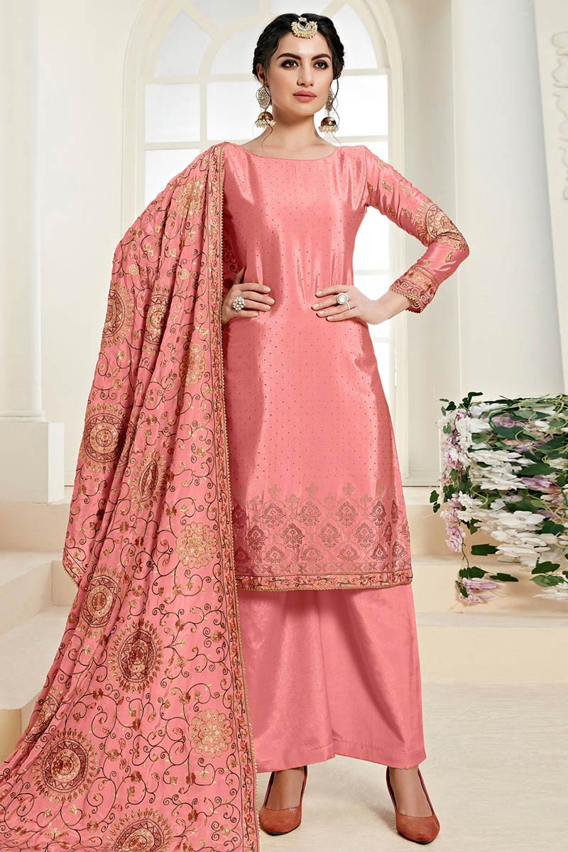 Buy Coral Pink Silk Indian Suit With ...