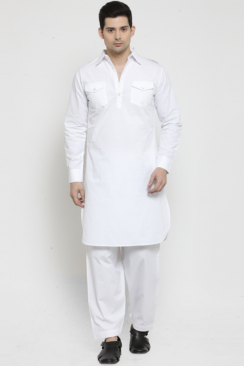 Buy Cotton Pathani Kurta Pajama In White Colour Online - MKPV0175