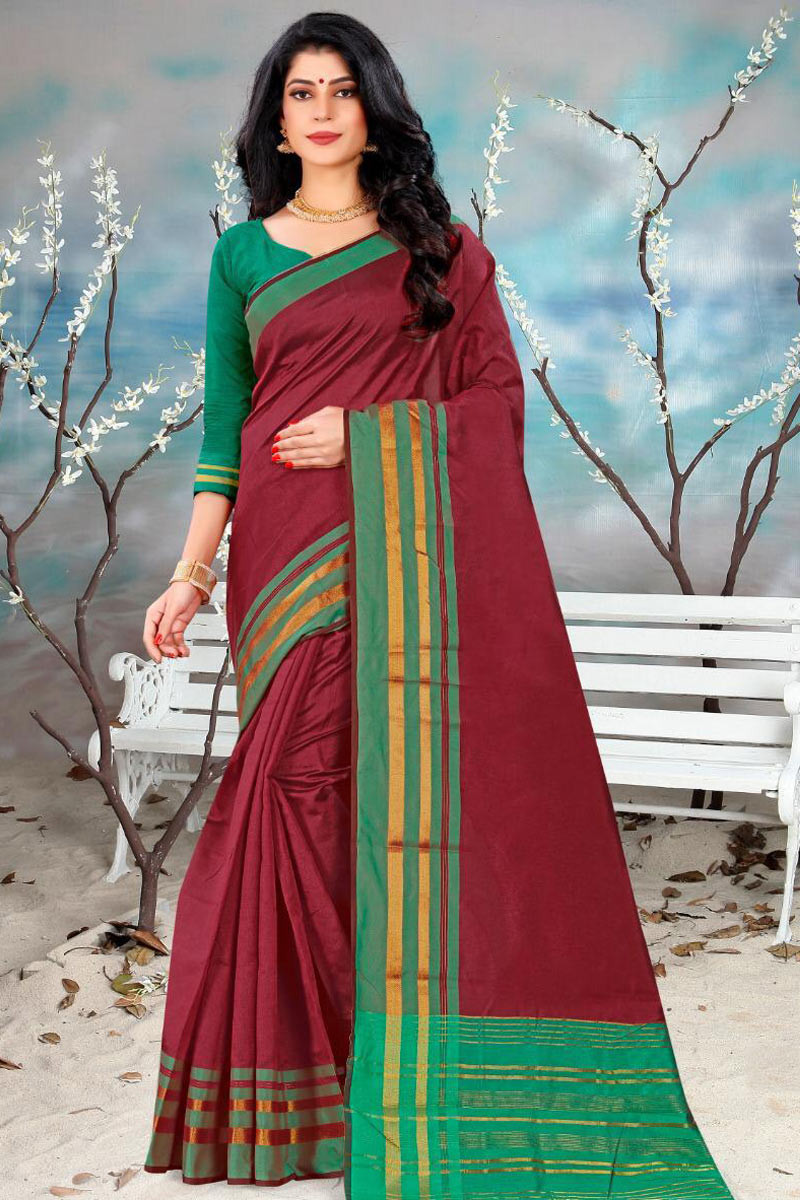 Buy Cotton Silk Casual Wear Saree In Wine Color Online - SARV06451 | Andaaz  Fashion