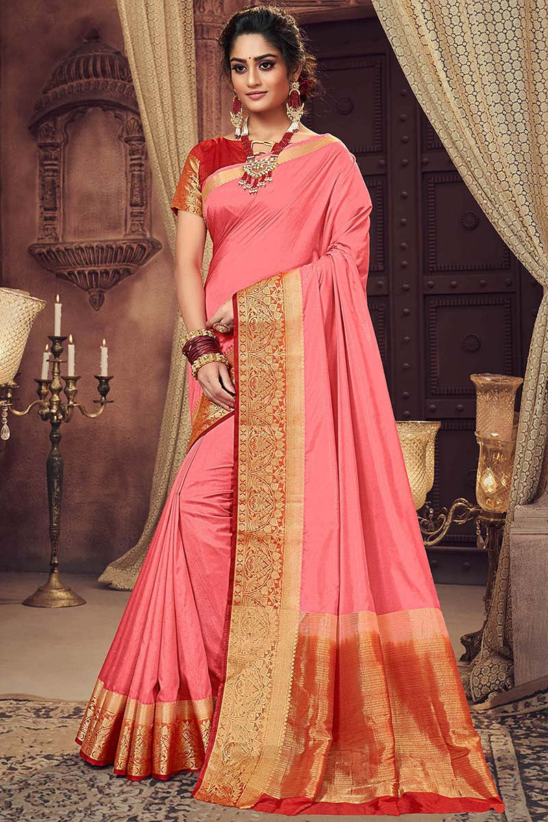 Designer Pink Zari Embroidery Bollywood Style Sari Cotton Silk Party Wear Saree 