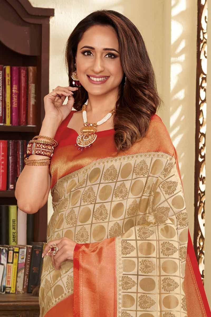 Buy Cream Beige Banarasi Silk Saree With Silk Blouse Online - SARV02245 ...