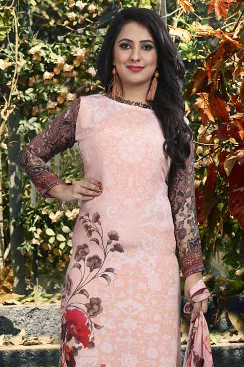 Buy Crepe Palazzo Pant Suit In Coral Peach Colour Online