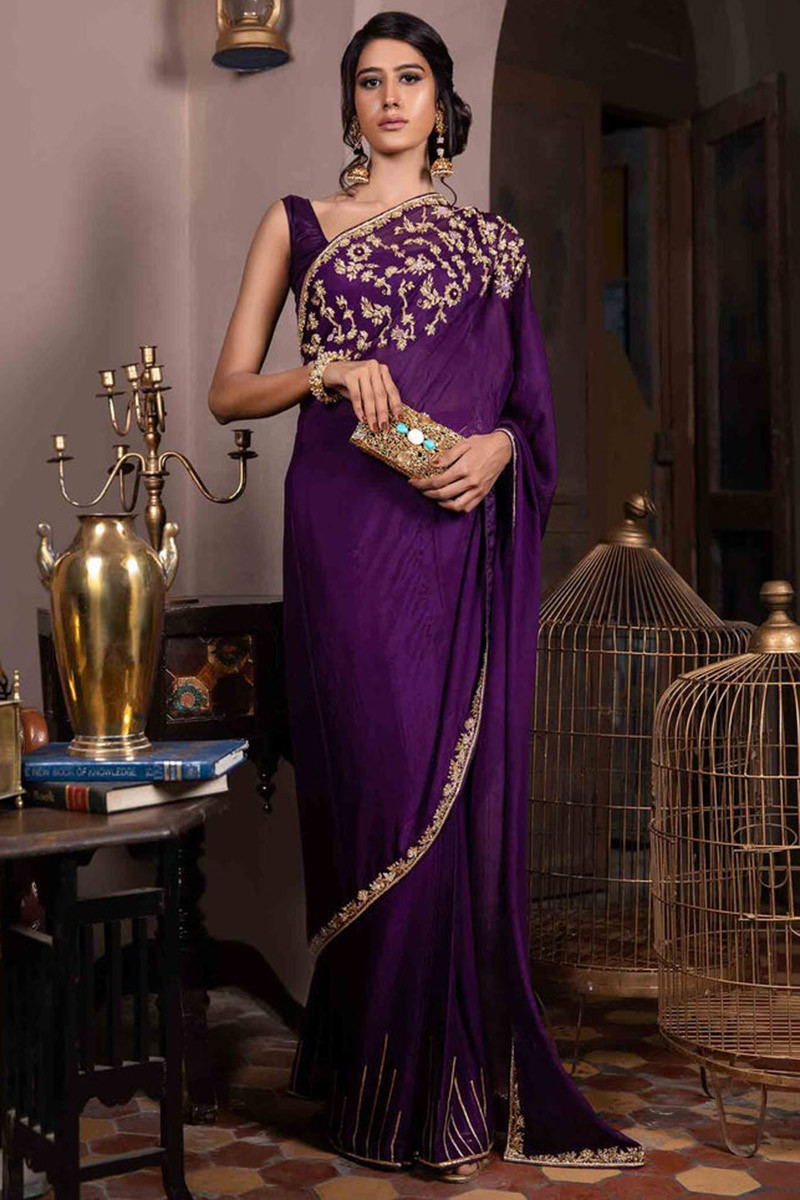 Latest Fashion Dabka Work Embroidered Silk Purple Wedding Saree ...