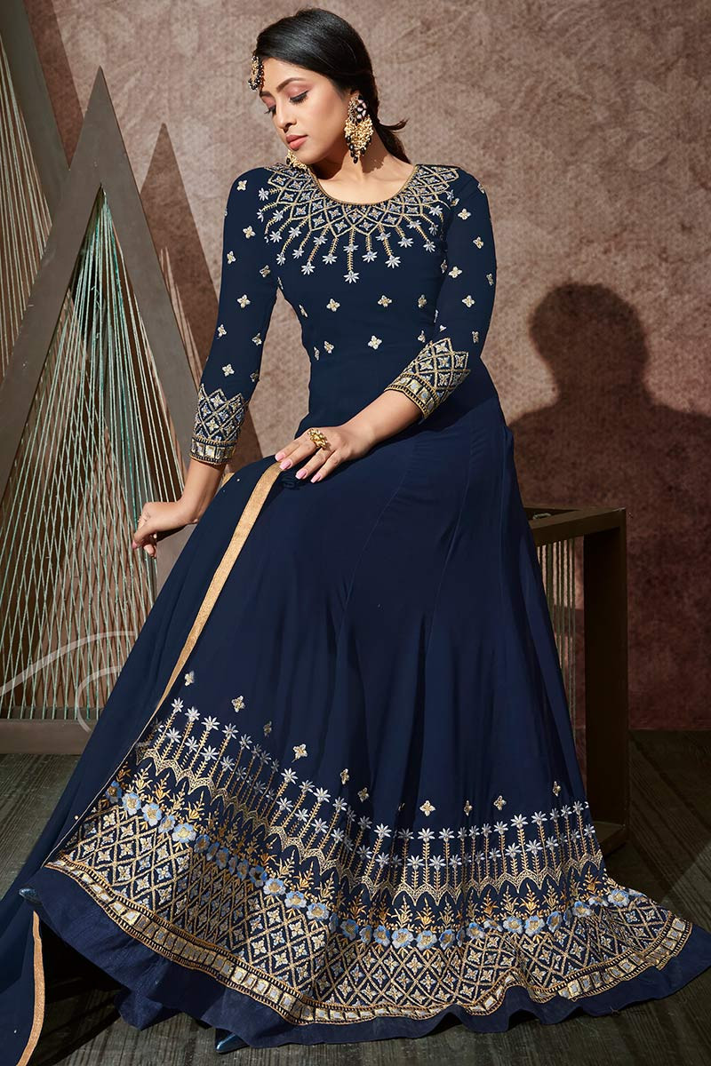 Buy Latest Style Anarkali Suit in Dark Blue Embroidered Fabric LSTV07637