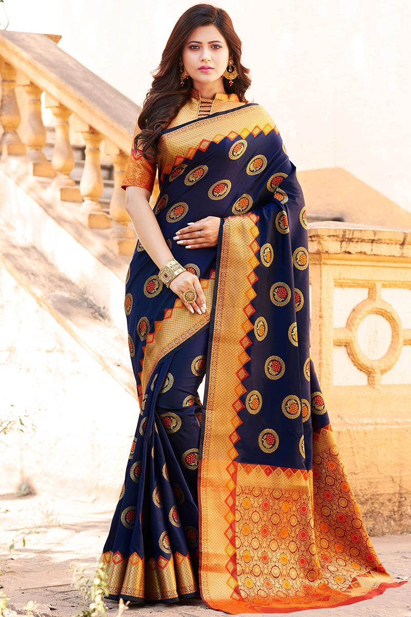 Buy Dark Blue Kanjivaram Silk Saree With Silk Blouse Online Sarv Andaaz Fashion