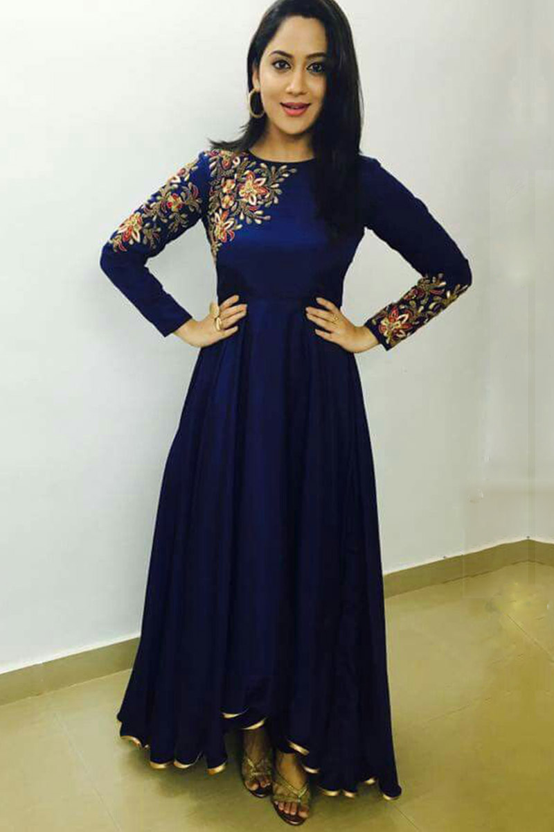 Buy Dark Blue Silk Anarkali Gown With Resham Work Online