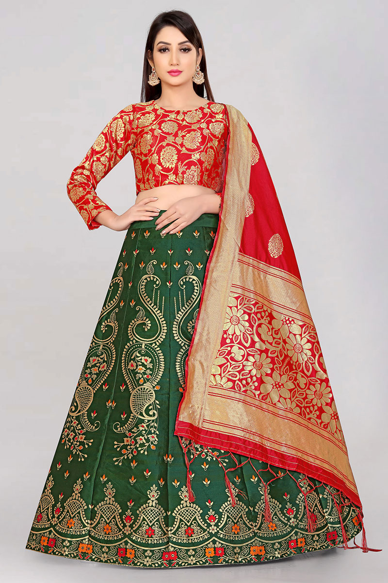 Dark green jacquard silk banarasi lehenga set main image 1