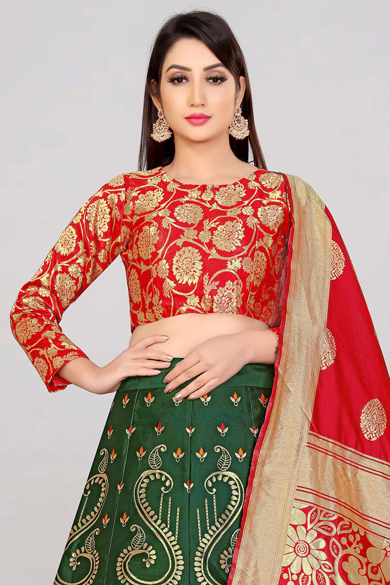 Lime Green Banarasi Silk Lehenga- Rent main image 1
