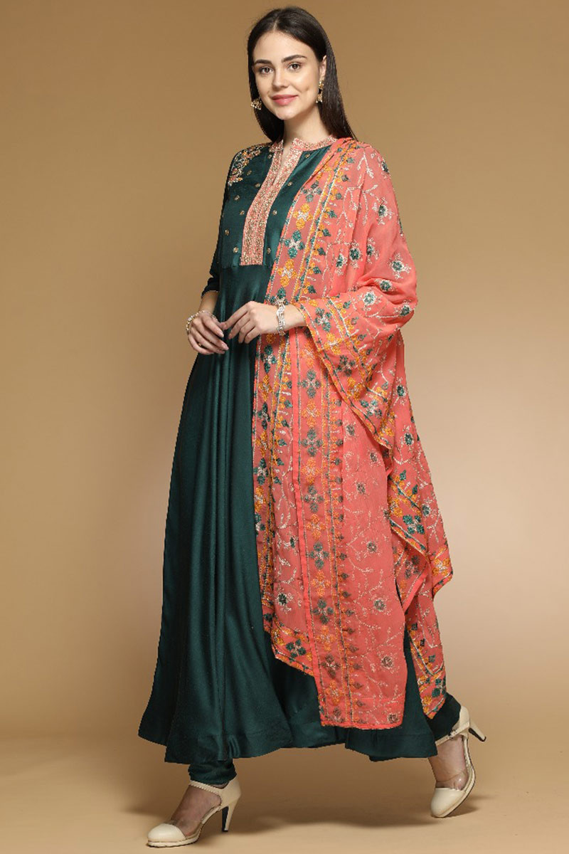 Buy Dark Green Embroidered Silk Anarkali Suit Online