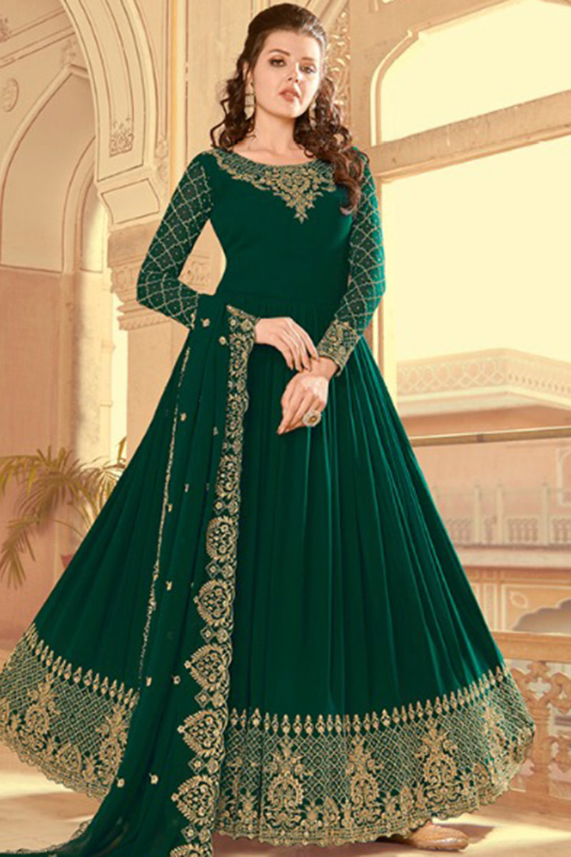 Trending Anarkali Suit in Dark Green Embroidered Fabric LSTV08014