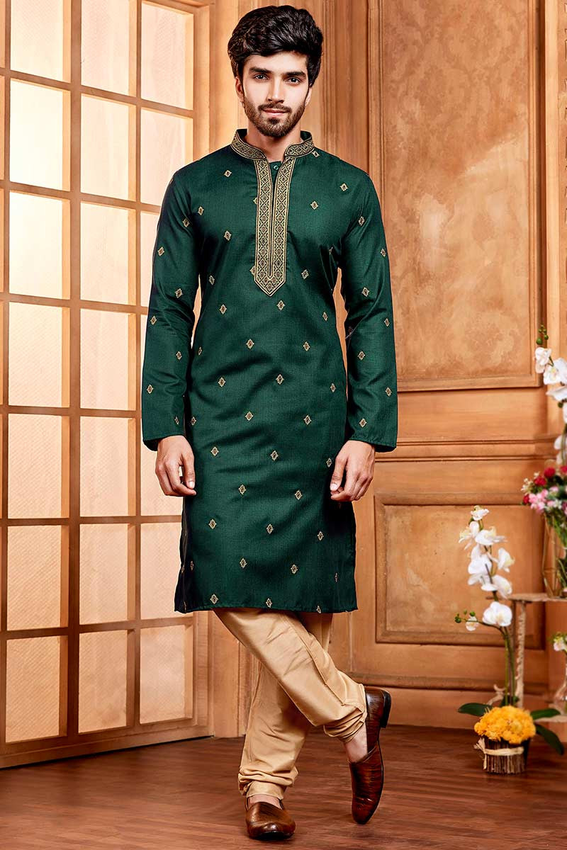 Buy Asian Long Suits Poly Silk Dark Green Men's Kurta Pajama MKPA091