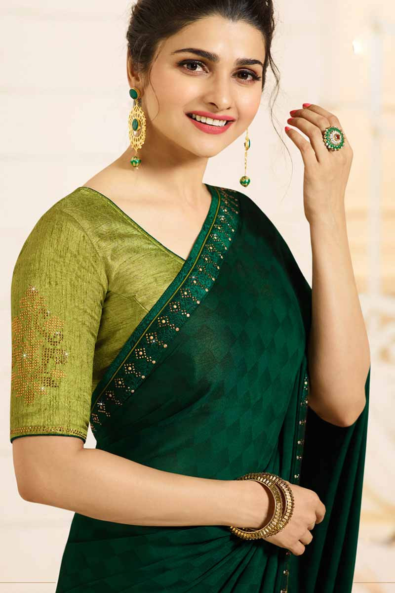 Wholesale saree, Dark green georgette asian festival sari, u neck