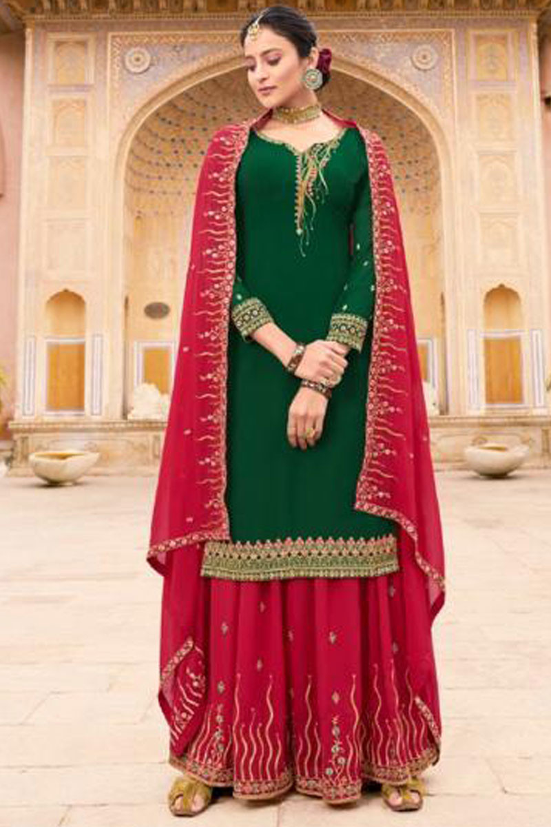 Buy Dark Green Satin Silk Sharara Suit ...